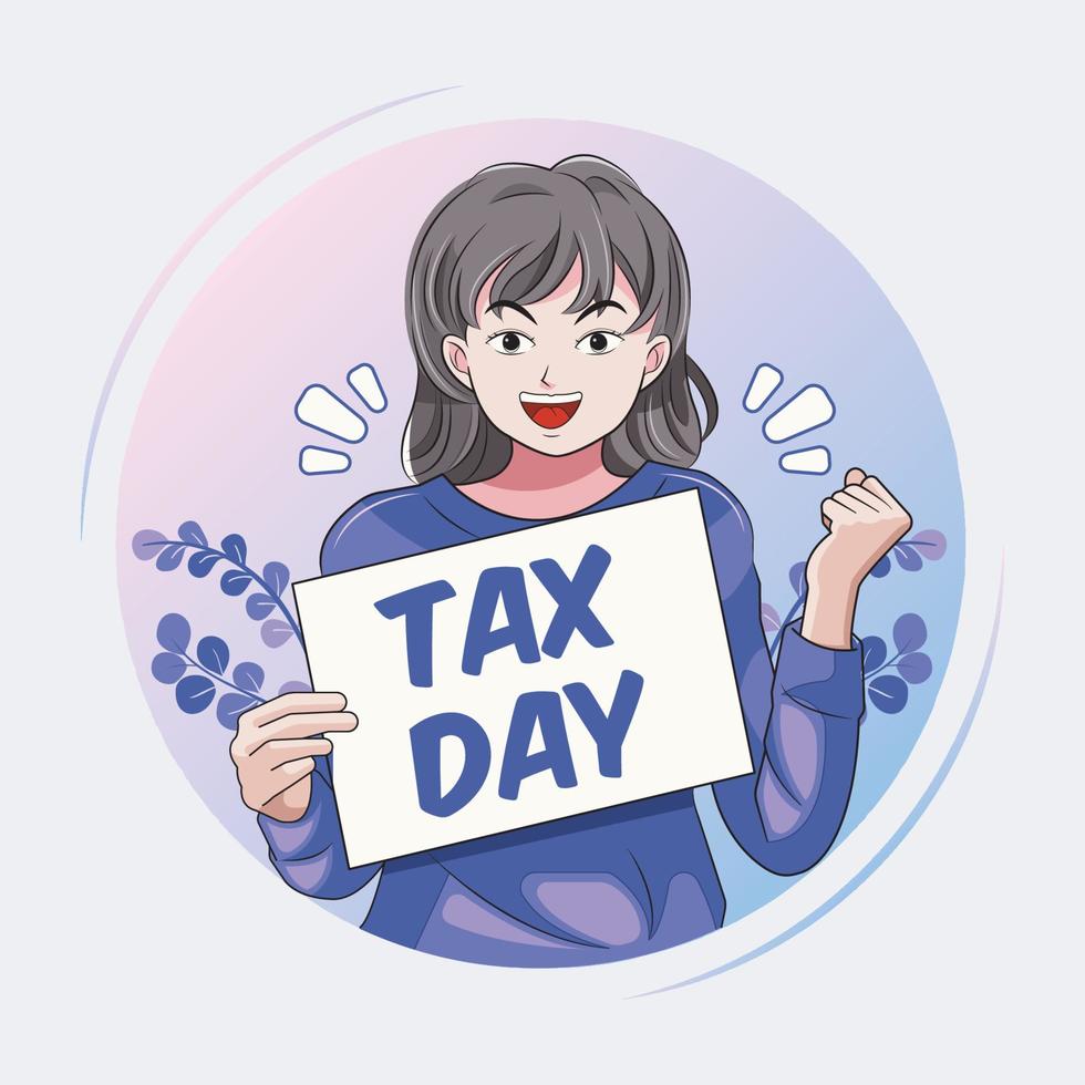 Tax day. Happy young woman holding paper with tax day message vector illustration free download