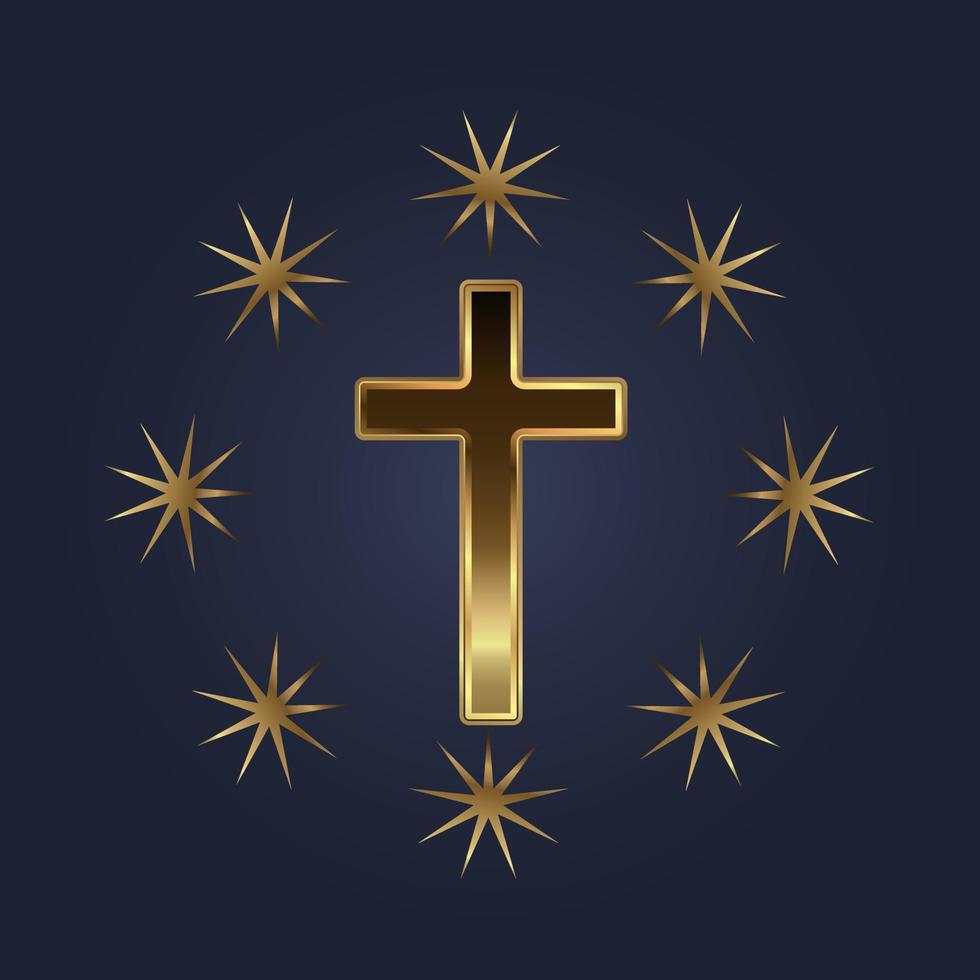 holy cross surrounded by golden stars, gold holy cross protected by lucky star on dark background. vector