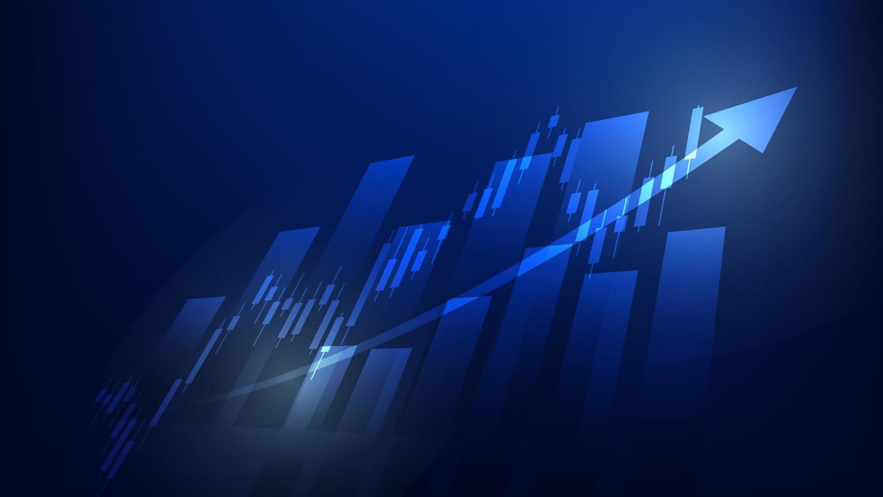 Financial business statistics with bar graph and candlestick chart show stock market price and effective earning on blue background vector