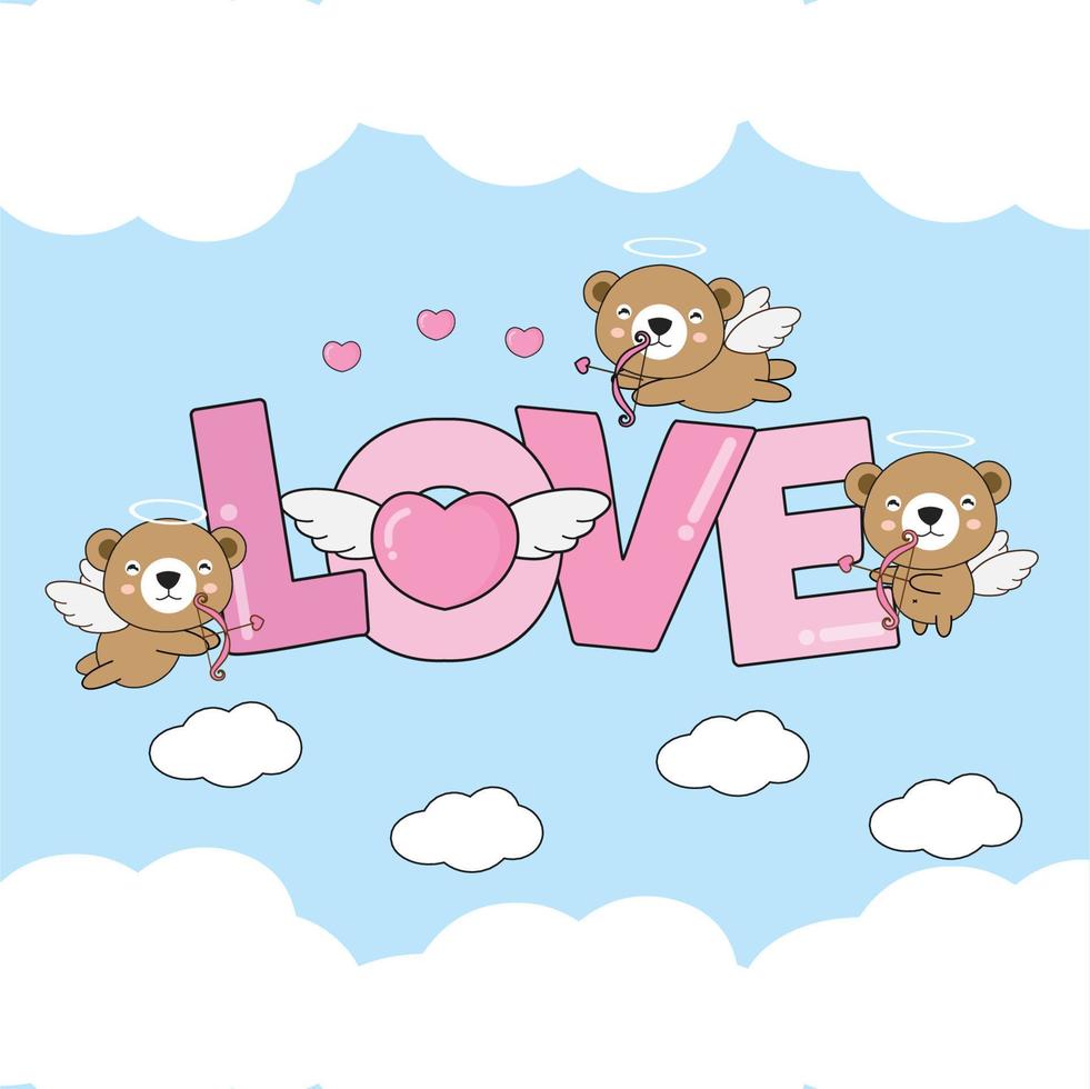 Cute Bear Cupids fly in the clouds with heart and Love text.Illustration for Valentines day design. vector