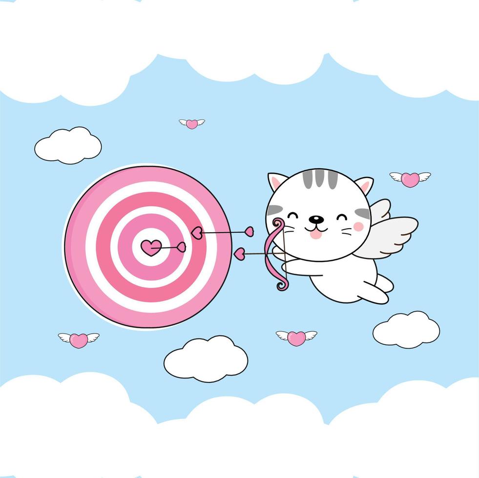 tarjeta de felicitación del día de san valentín .cute cat cupid dispara una flecha a un objetivo. vector