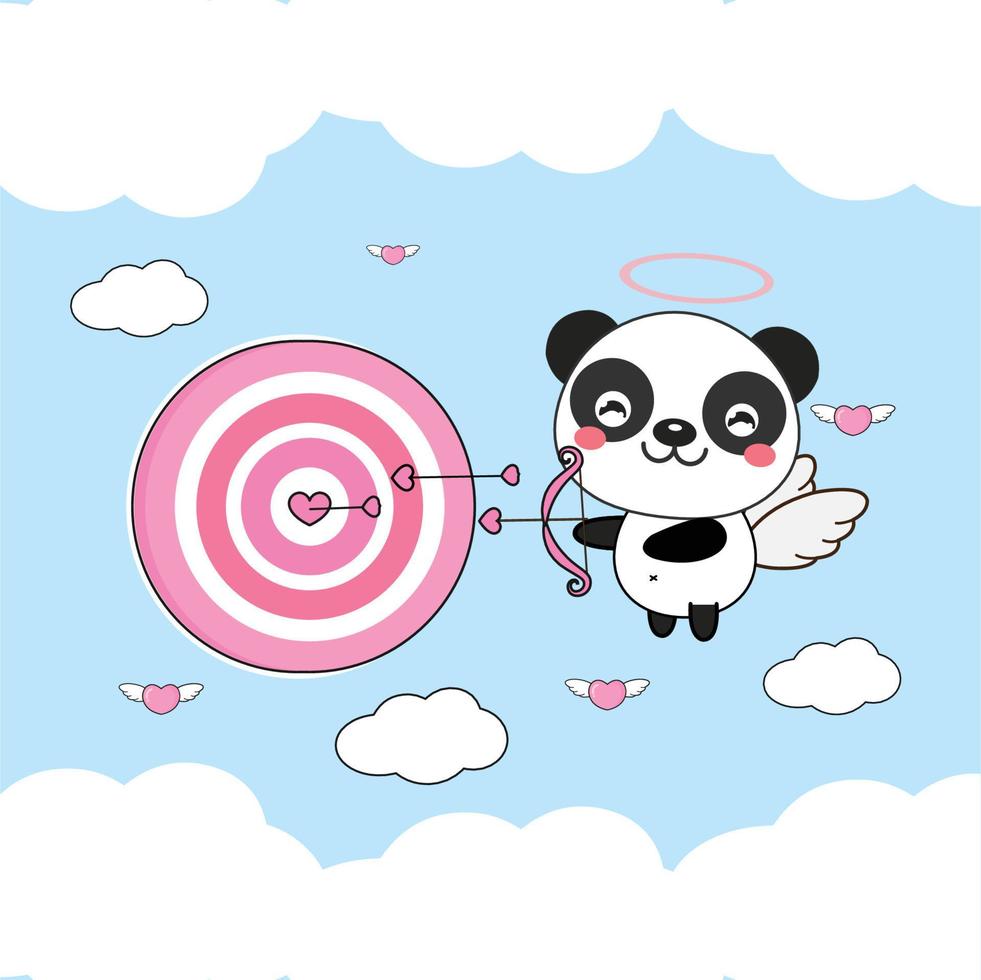 Valentine's Day greeting card .Cute Panda Cupid  shoots an arrow at a target. vector