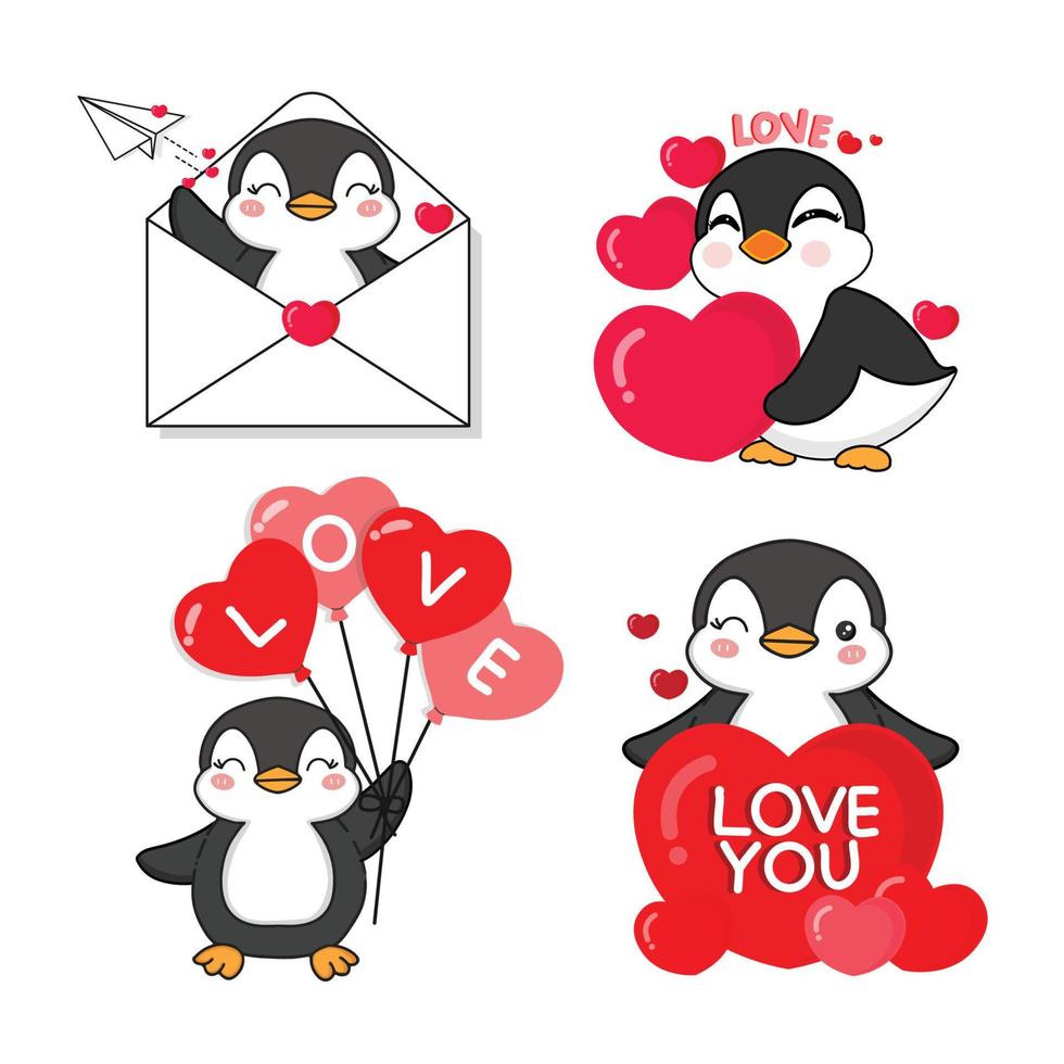 Valentine's day collection with cute penguin and love elements. vector