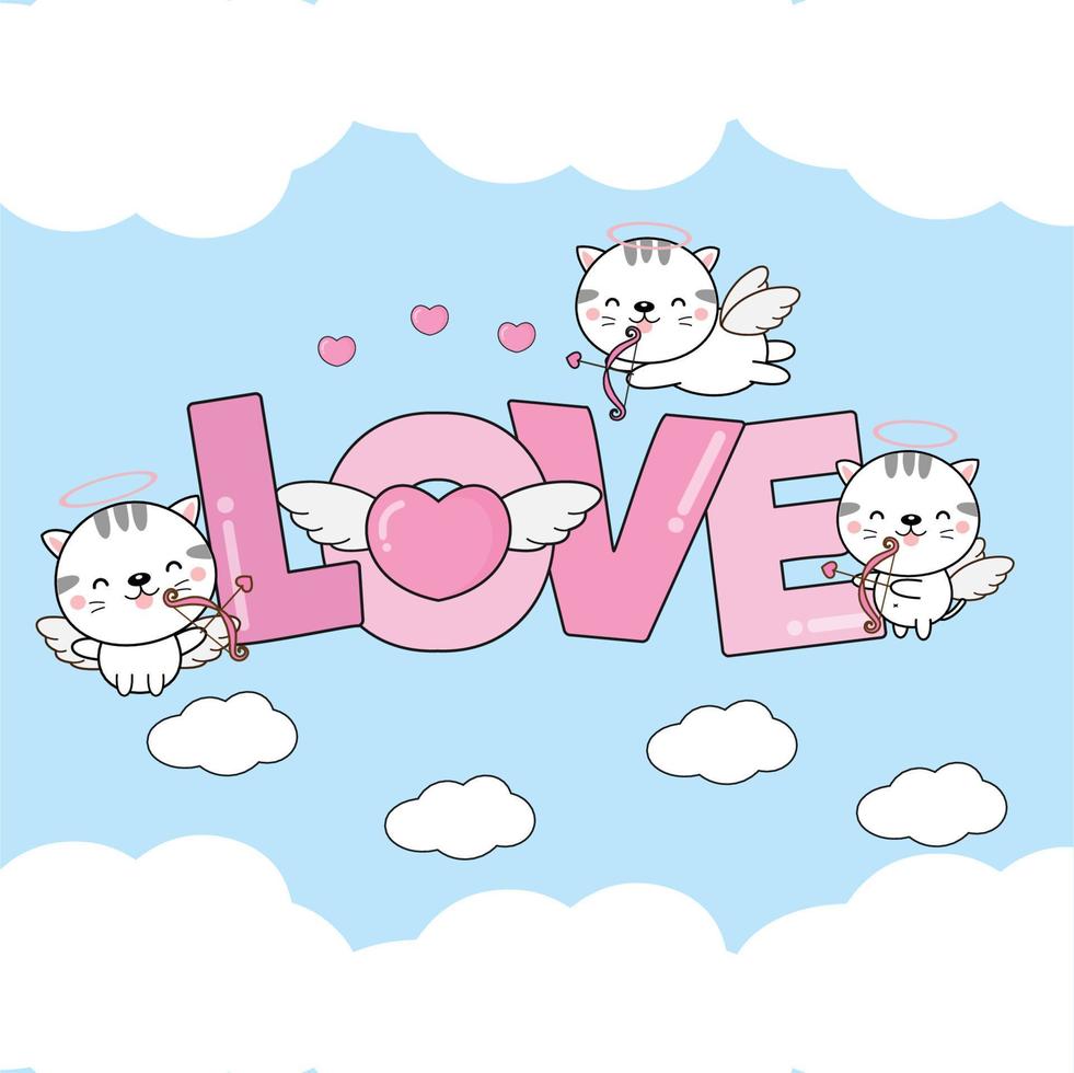 lindos gatos cupidos vuelan en las nubes con corazón y texto de amor. ilustración para el diseño del día de san valentín. vector