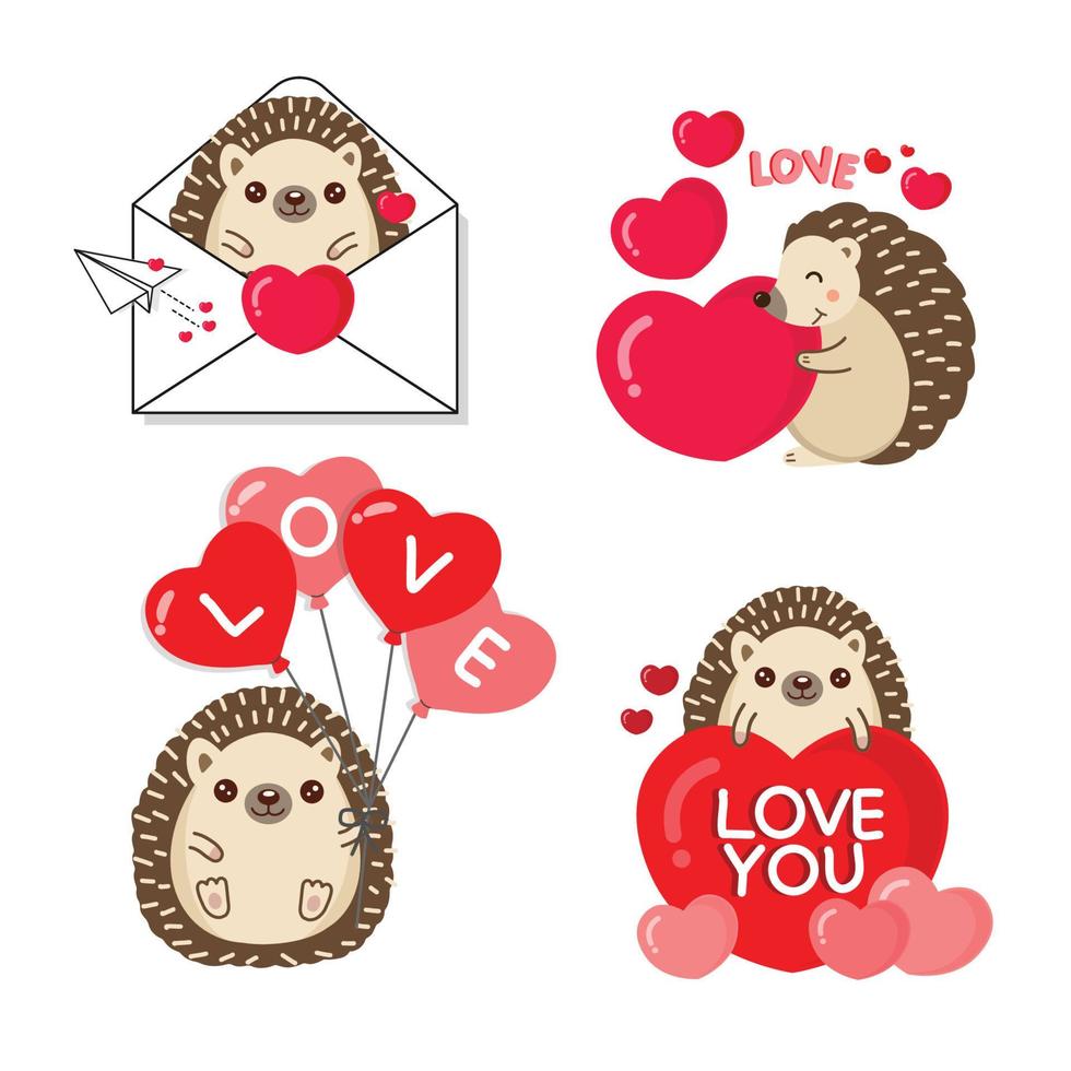 Set of Cute Hedgehog in love for Valentine day. Animal cartoon style