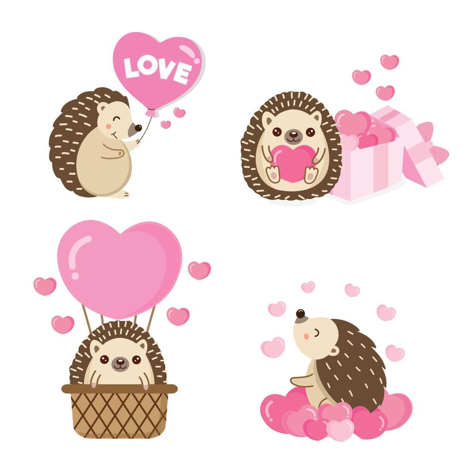 Set of Cute Hedgehog in love for Valentine day. Animal cartoon style. vector