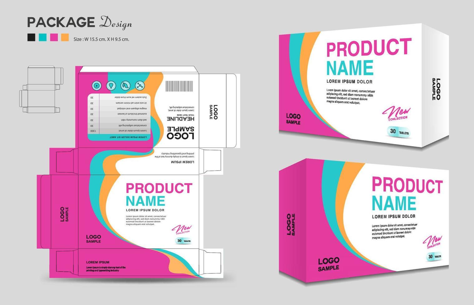 suplementos y diseño de caja cosmética, plantilla de diseño de paquete, esquema de caja, diseño de caja, diseño de etiqueta, etiqueta de salud, vector de idea creativa de diseño de empaque, maqueta realista