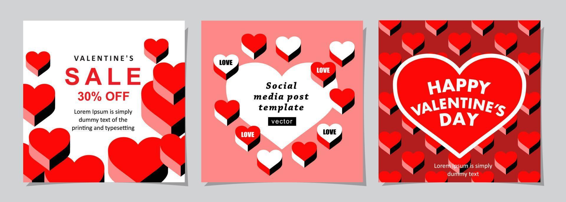 banner cuadrado del día de san valentín para publicaciones en redes sociales, aplicaciones móviles, banners, marketing digital, promoción de ventas y anuncios en sitios web. fondos vectoriales, estilo geométrico con patrón de corazones. vector