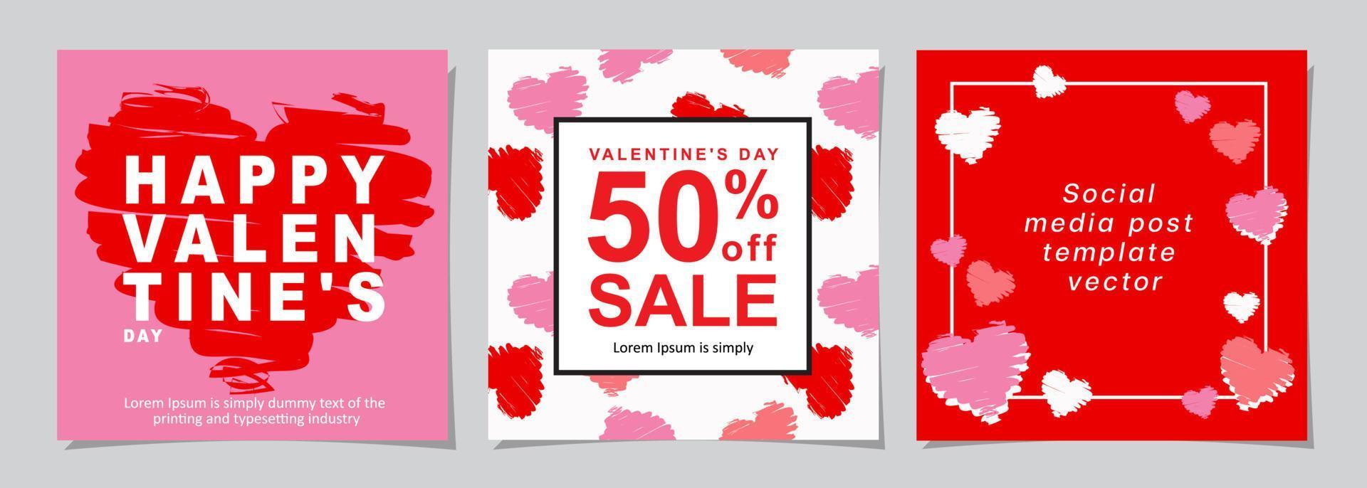 Happy Valentines Day square banner for social media posts, mobile apps, digital marketing, sales promotion and website ads. Vector backgrounds, geometric style with hearts pattern.