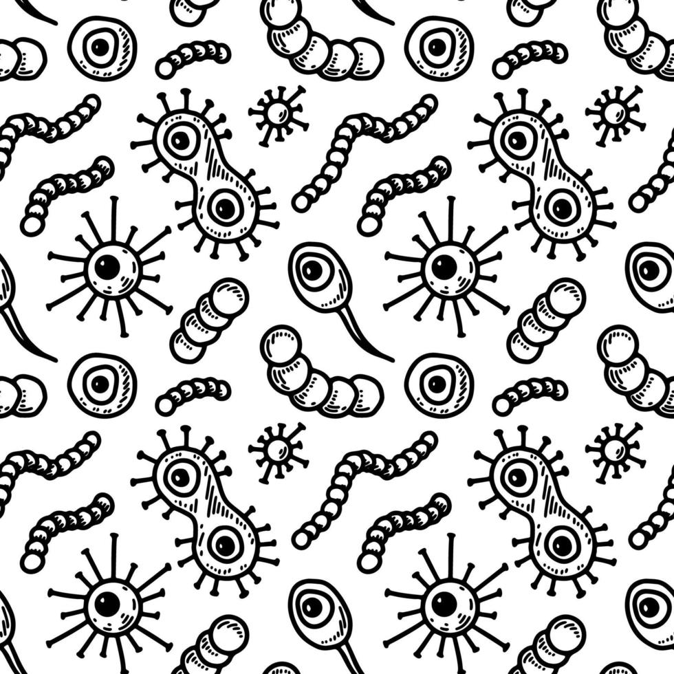 Unicellular microorganism seamless pattern. Scientific vector illustration in sketch style. Doodle background