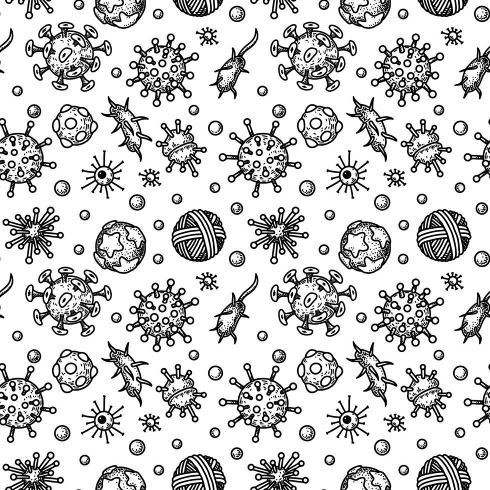 patrón sin fisuras de microorganismos unicelulares. ilustración vectorial científica en estilo boceto. garabato, plano de fondo vector
