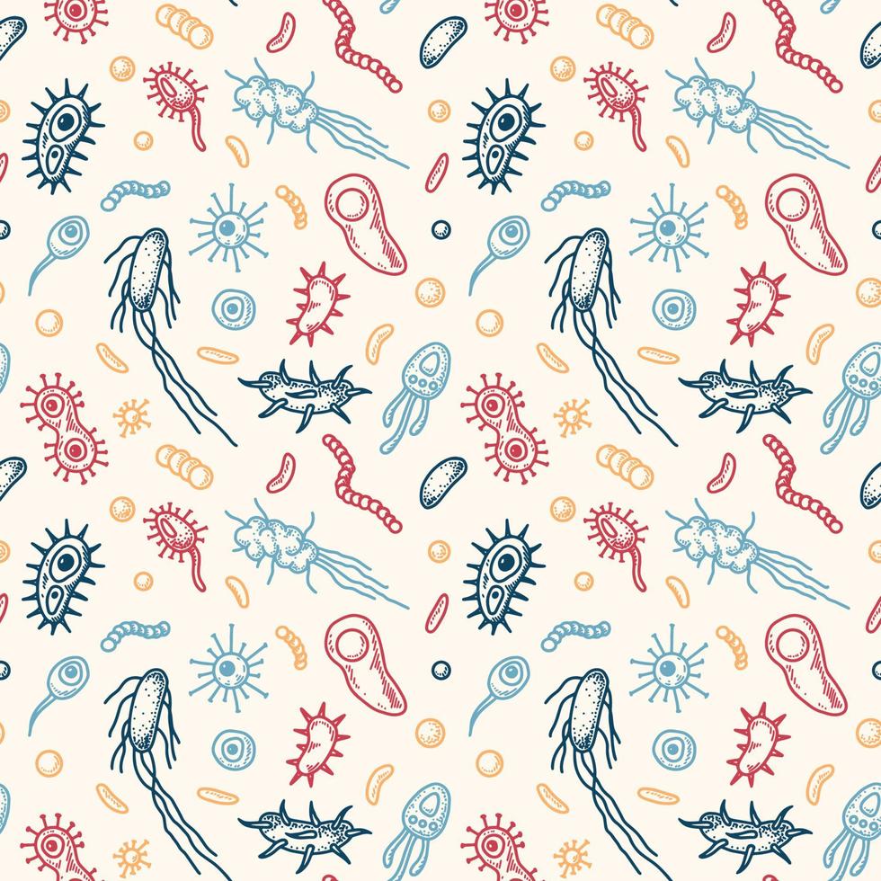 Bacteria seamless pattern. Scientific vector illustration in sketch style. Doodle background
