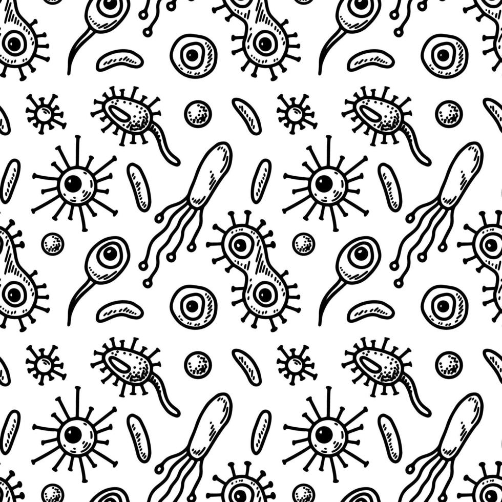 patrón sin costuras de microbiología. ilustración vectorial científica en estilo boceto vector