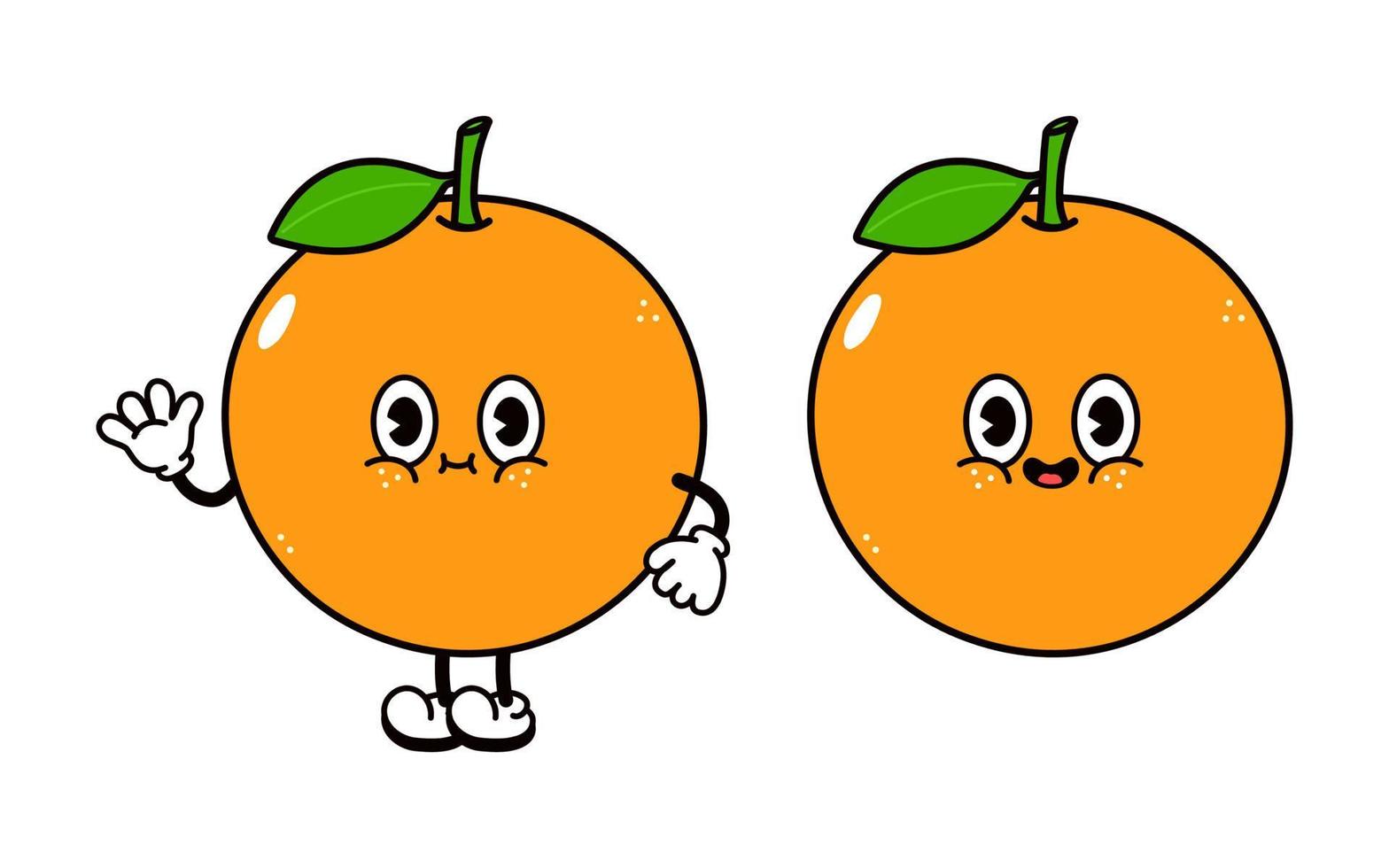 lindo y divertido personaje de mano que agita la fruta naranja. vector dibujado a mano dibujos animados tradicionales vintage, retro, icono de ilustración de carácter kawaii. aislado sobre fondo blanco. concepto de personaje de fruta naranja