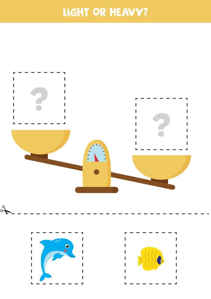 Light, heavy or equal. Cut pictures below and glue to the right box. vector