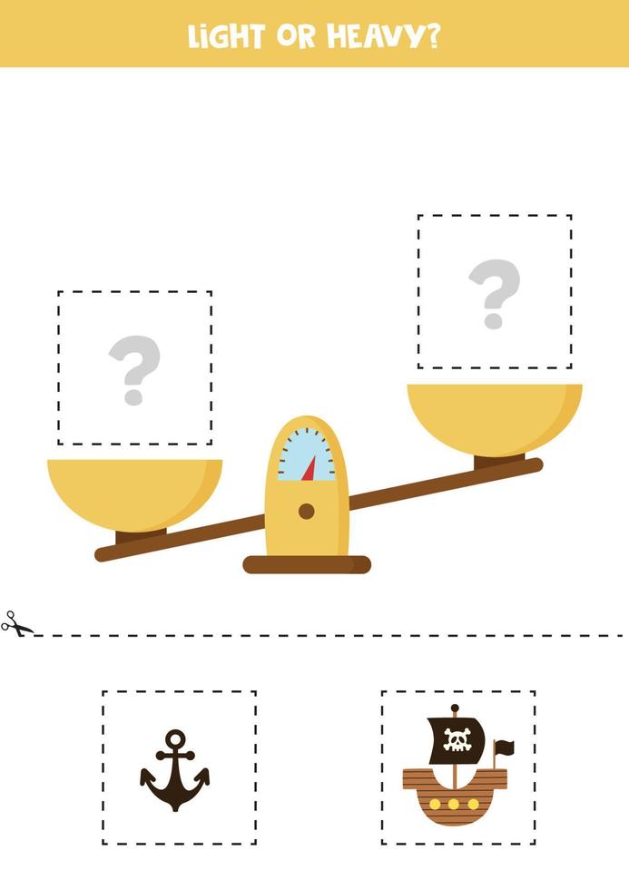 Light, heavy or equal. Cut pictures below and glue to the right box. vector