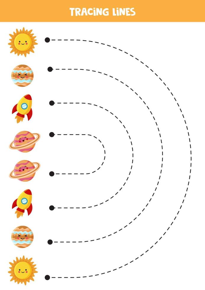 trazando líneas para niños. planetas del sistema solar de dibujos animados. vector