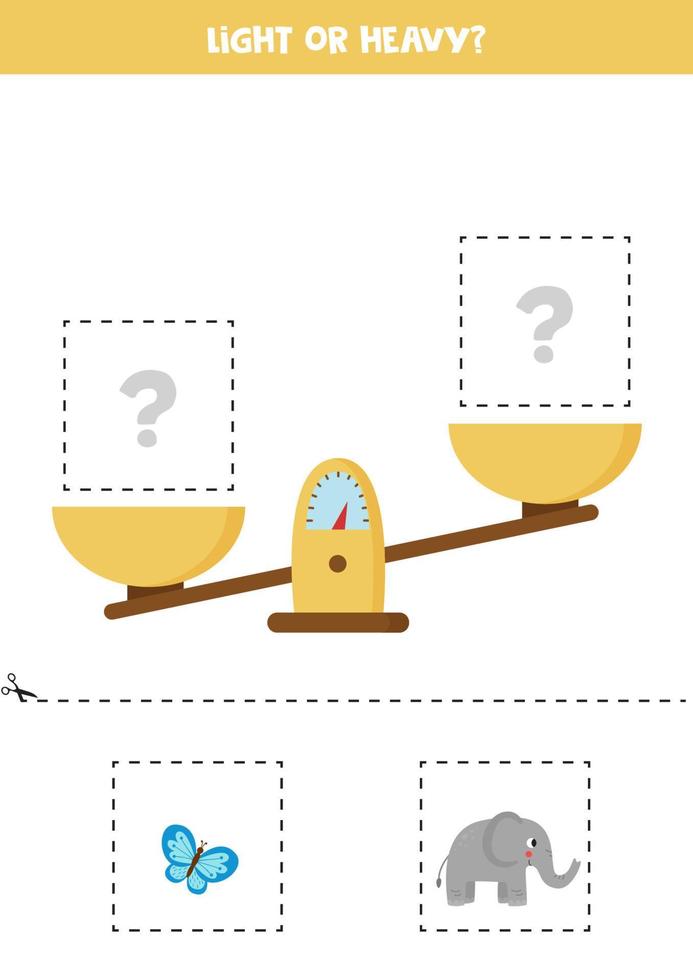 Light, heavy or equal. Cut pictures below and glue to the right box. vector