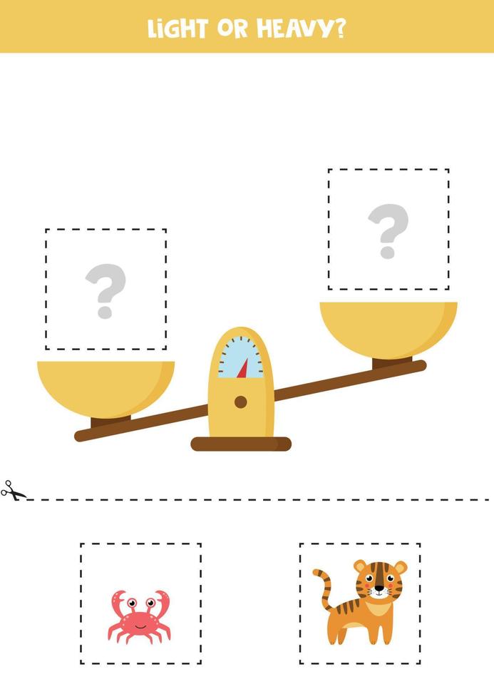 Light, heavy or equal. Cut pictures below and glue to the right box. vector