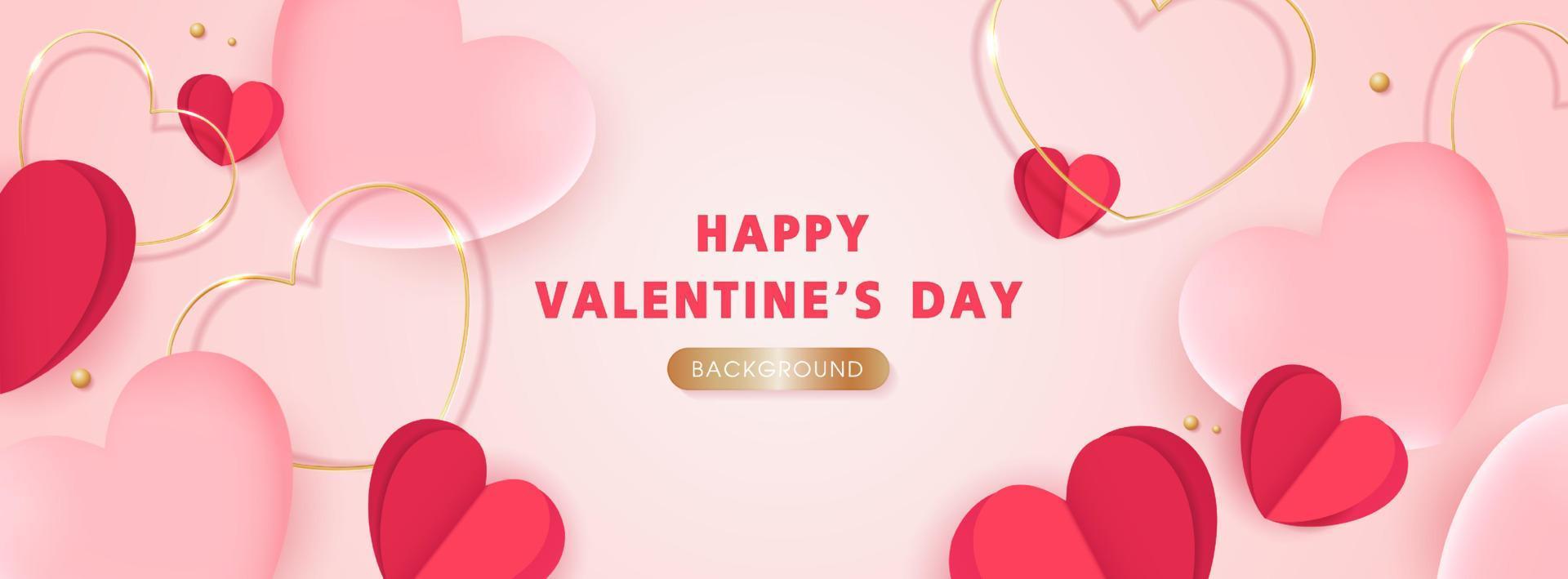 Happy Valentine's day poster or banner template. beautiful paper cut white clouds with hearts on pink background. place for text. vector design.