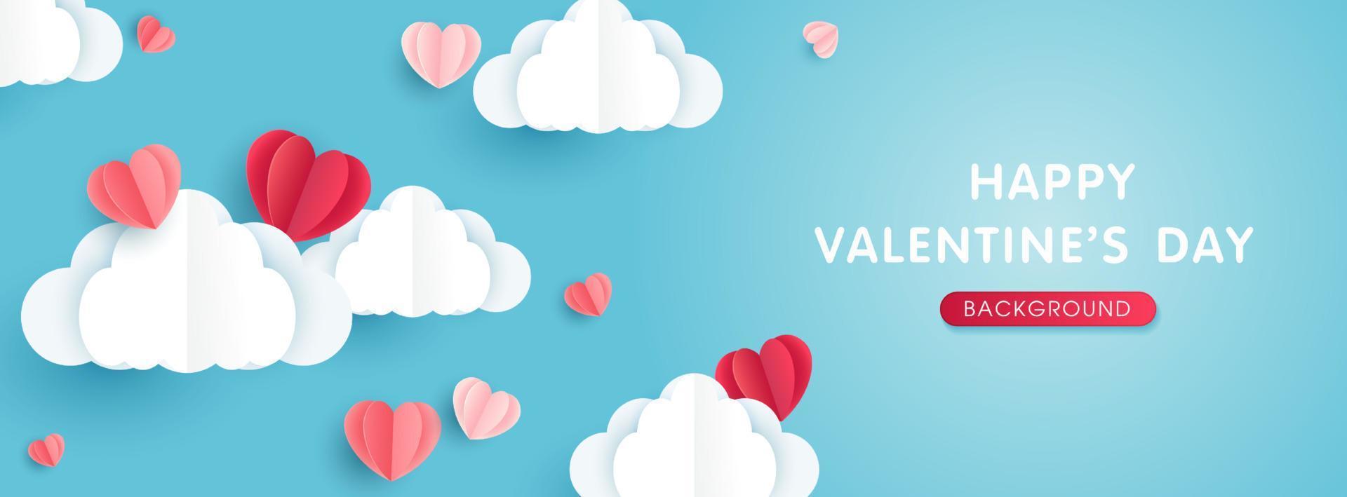 Happy Valentine's day poster or banner template. beautiful paper cut white clouds with hearts on blue background. place for text. vector design.