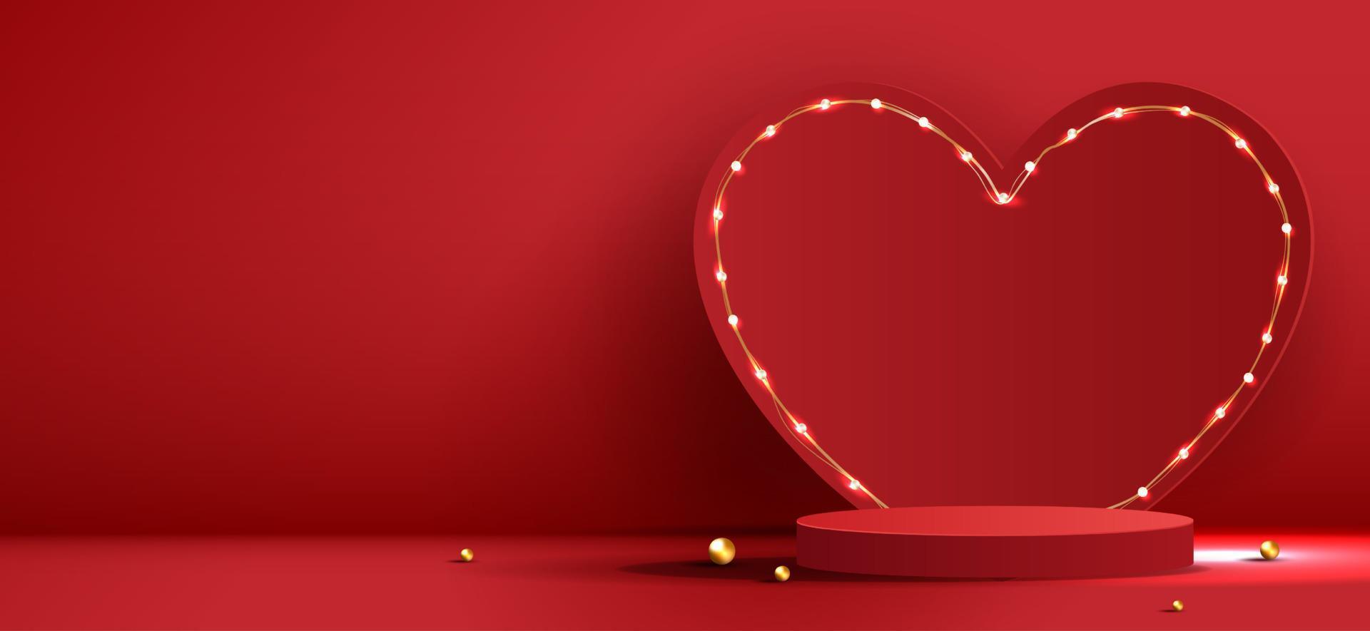 Red podium display background products for valentine day in love platform. stand to show cosmetic with craft style. symbols of love for happy. vector design.