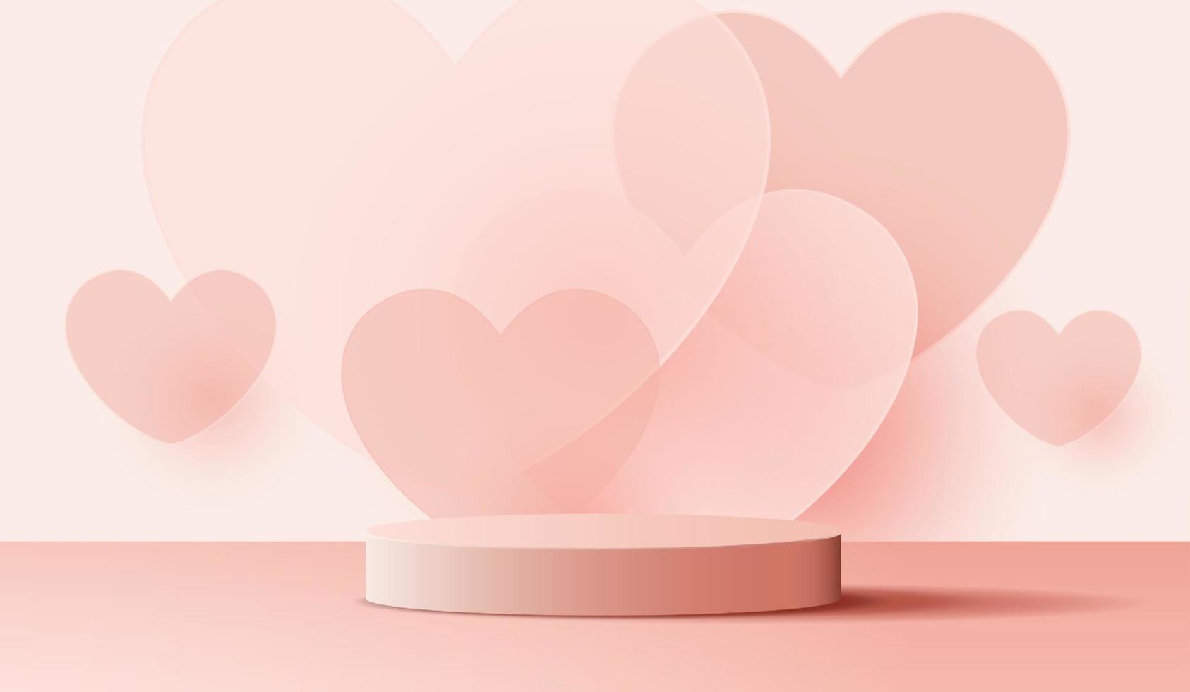 Pink podium display background products for valentine day in love platform. stand to show cosmetic with craft style. symbols of love for happy. vector design.