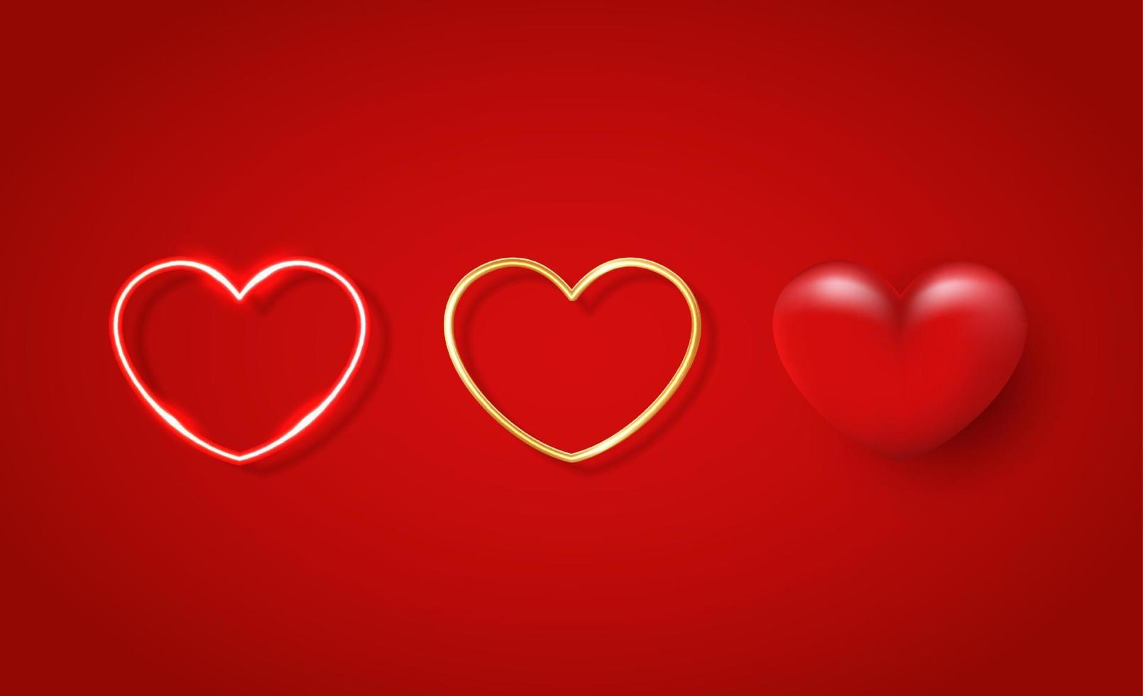 forma de corazón, corazón brillante o corazón de neón sobre fondo rojo. adecuado para la decoración del feliz día de san valentín y el día de la madre. conjunto de diseño de vectores de corazones.