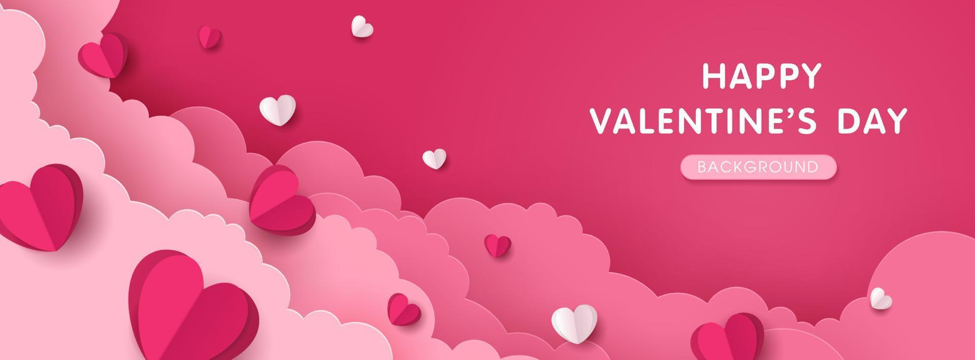 Happy Valentine's day poster or banner template. beautiful paper cut white clouds with hearts on pink background. place for text. vector design.