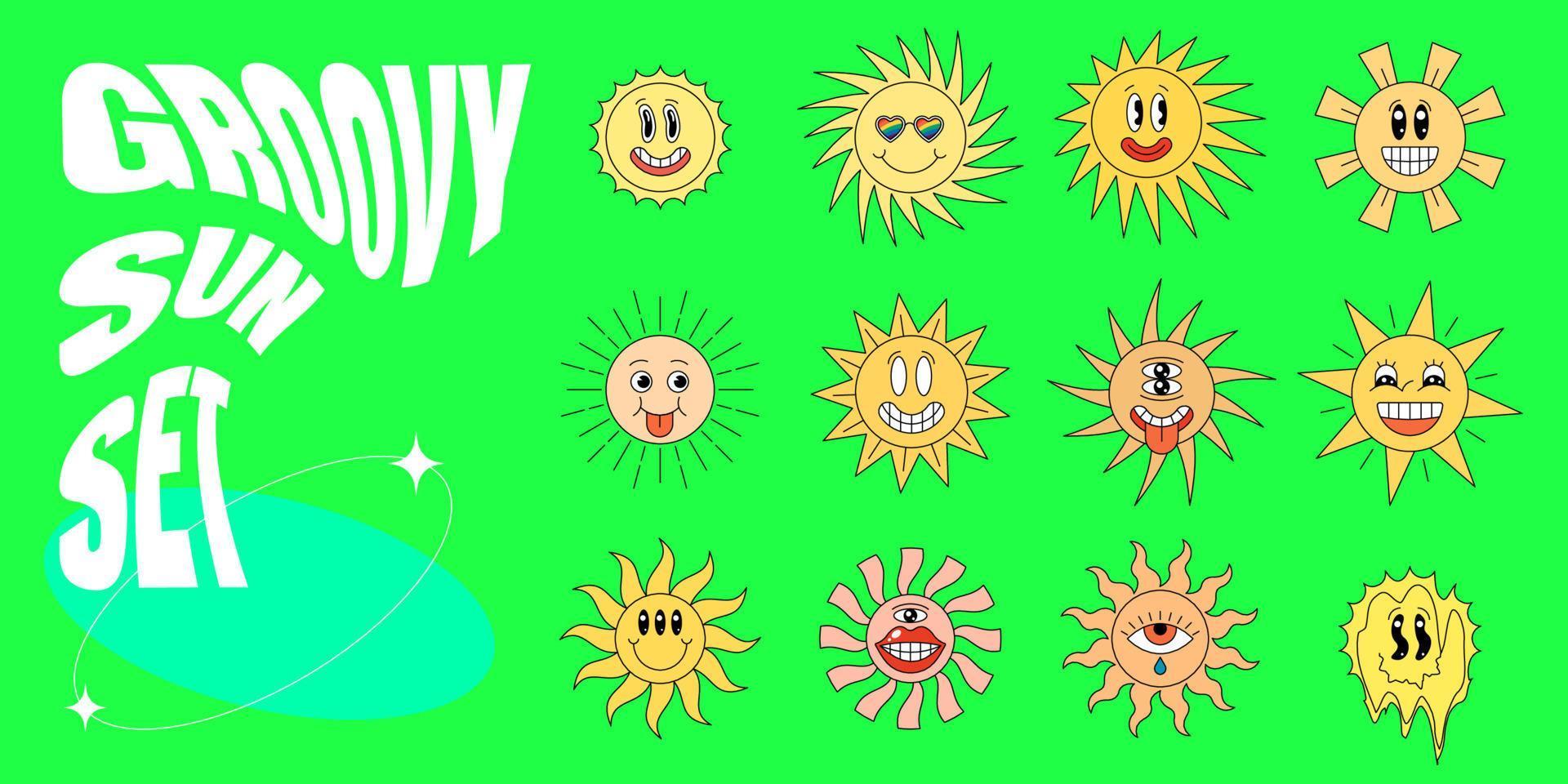 Retro groovy style shiney sun with sunbeams character set. Psychedelic hippie crazy smiley cartoon collection. Abstract vintage hippy various bright sticker pack. Emoticon trendy y2k mascots. Vector