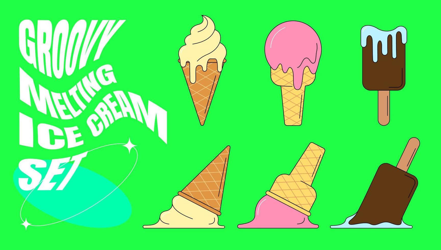 Retro groovy style ice cream cone set. Hippie melting plombir collection. Vintage hippy various melted icecream sticker pack. Trendy y2k vector sweet dessert. Nostalgia elements eps illustration