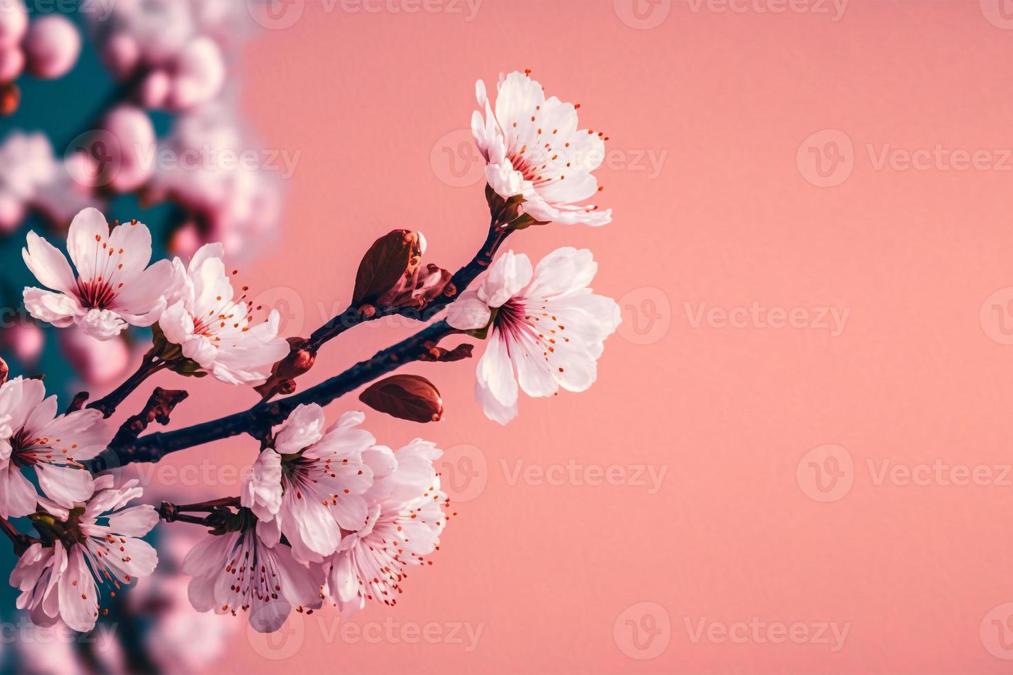 cherry blossoms in full bloom on a pink background copy space photo