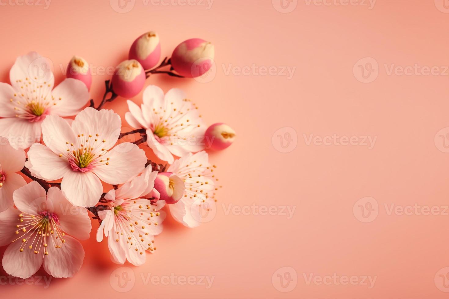 cherry blossoms in full bloom on a pink background copy space photo