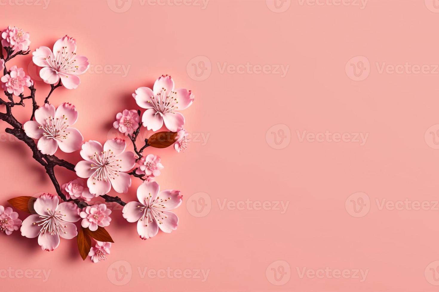 cherry blossoms in full bloom on a pink background copy space photo