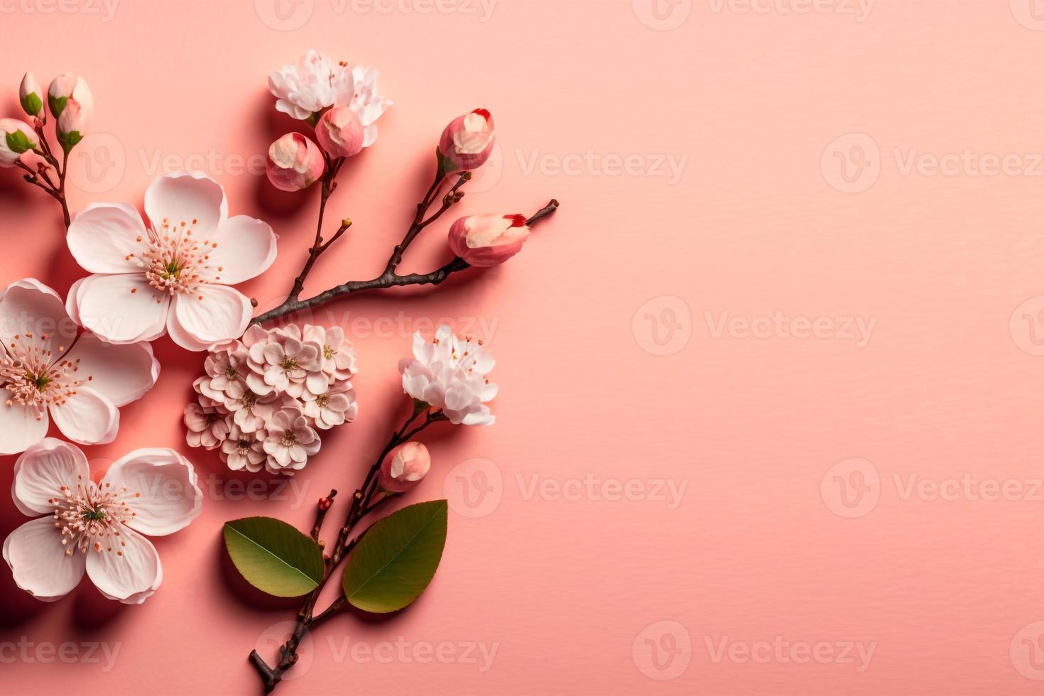 cherry blossoms in full bloom on a pink background copy space photo