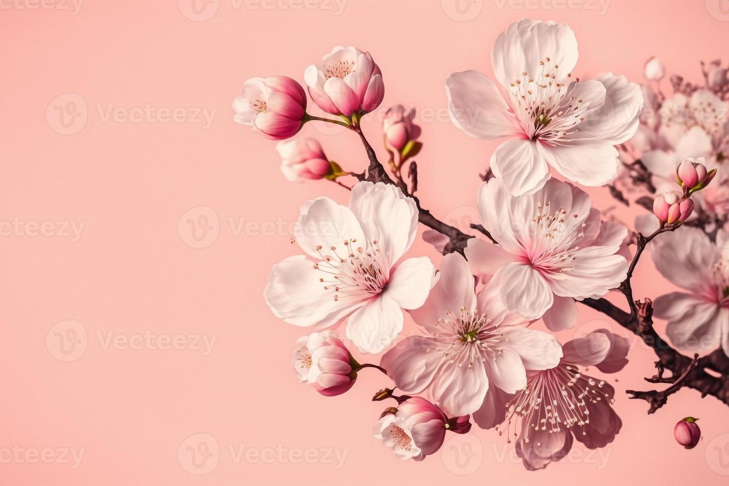 cherry blossoms in full bloom on a pink background copy space photo