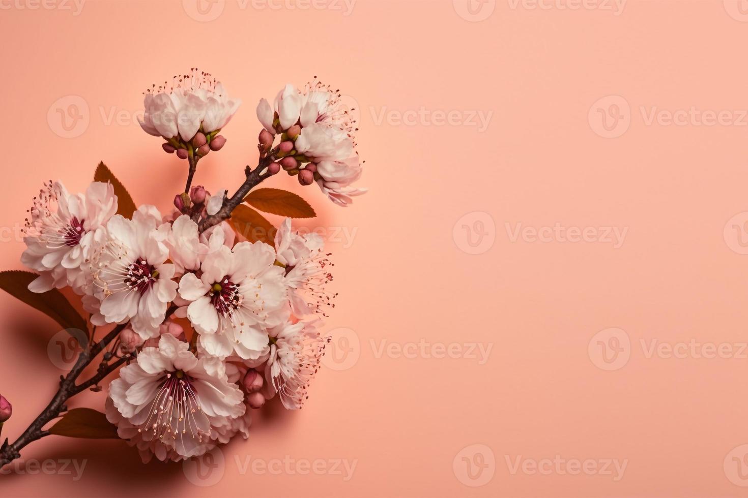 cherry blossoms in full bloom on a pink background copy space photo