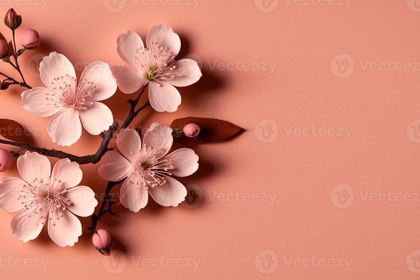 cherry blossoms in full bloom on a pink background copy space photo