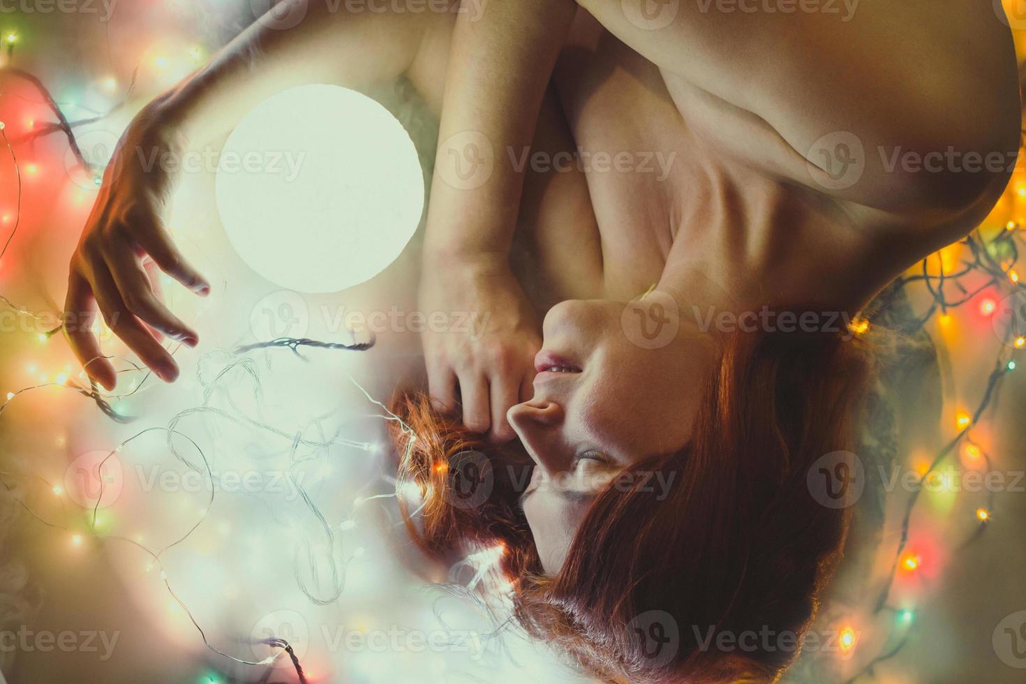 Close up dreaming lady and neon ball portrait picture photo
