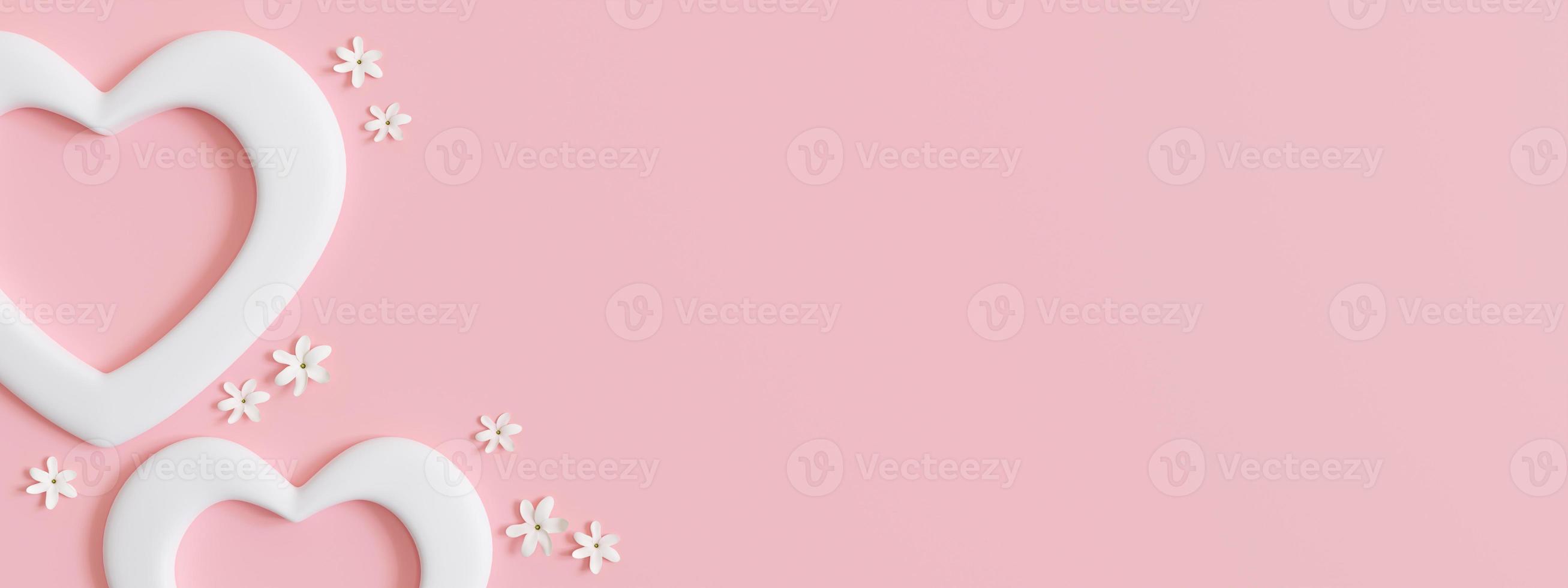Woman's Day or Mother's Day background with copy space for text, advertising. Pink banner with hearts and flowers. 3D rendering. photo