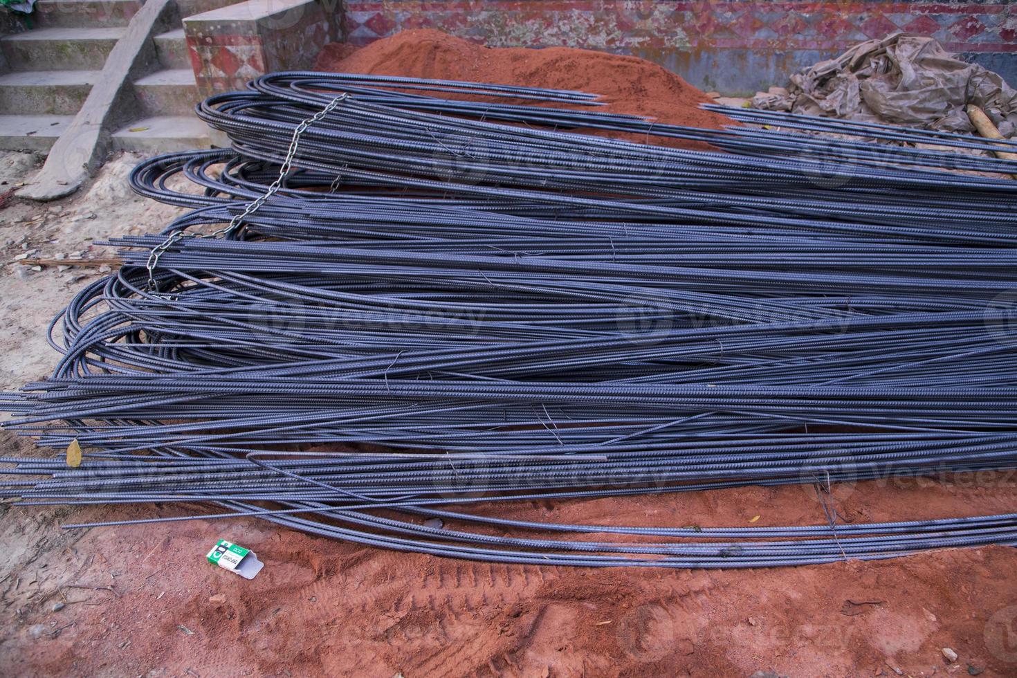 Steel wire on construction site, closeup of metal wire in construction site photo