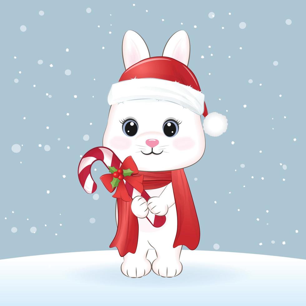 Cute Little Rabbit holding candy cane. Christmas Season background illustration vector