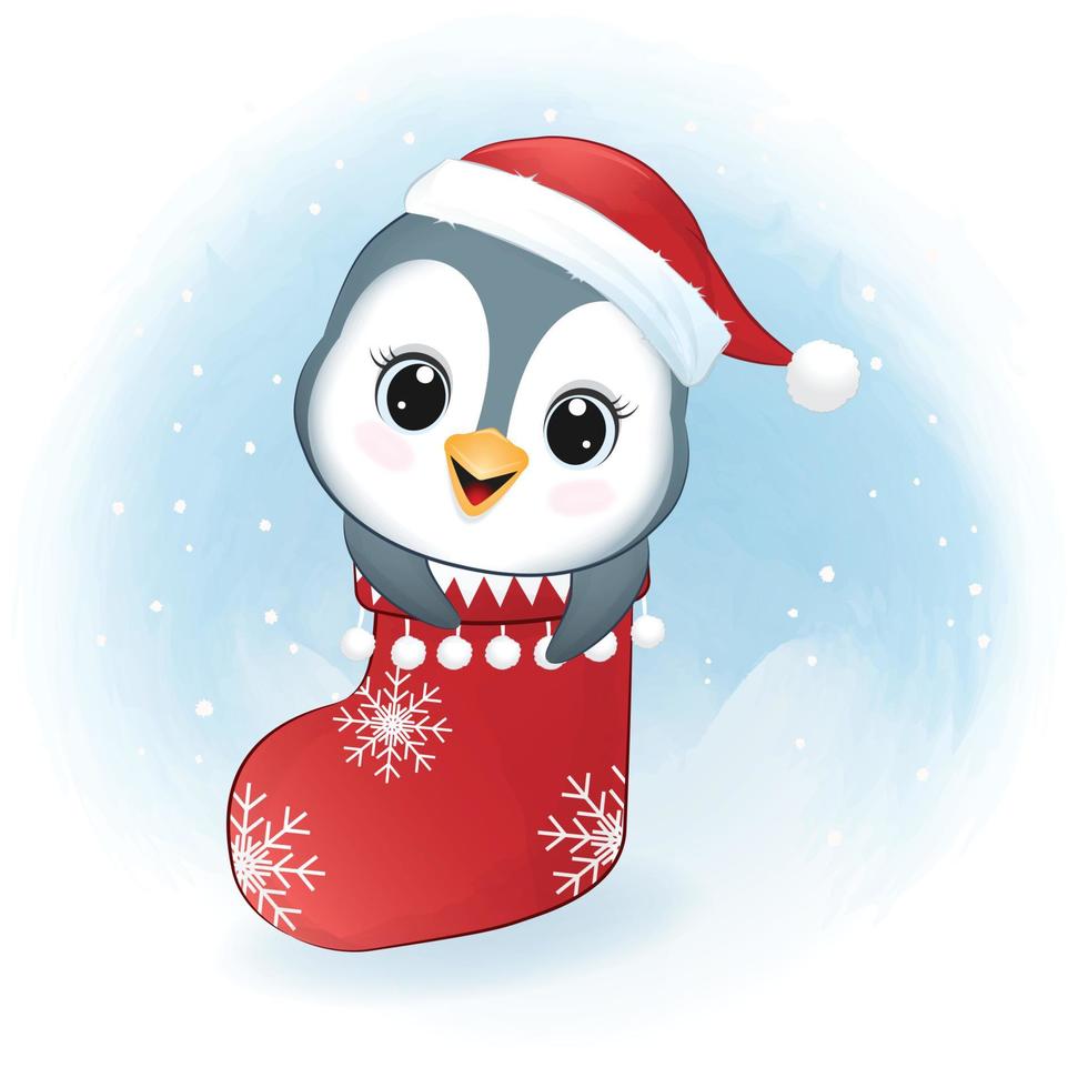 Cute Penguin in the socks. Christmas season illustration vector