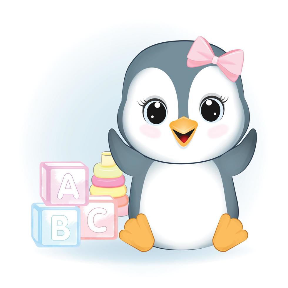 Cute little Penguin and baby toy, animal cartoon illustration vector