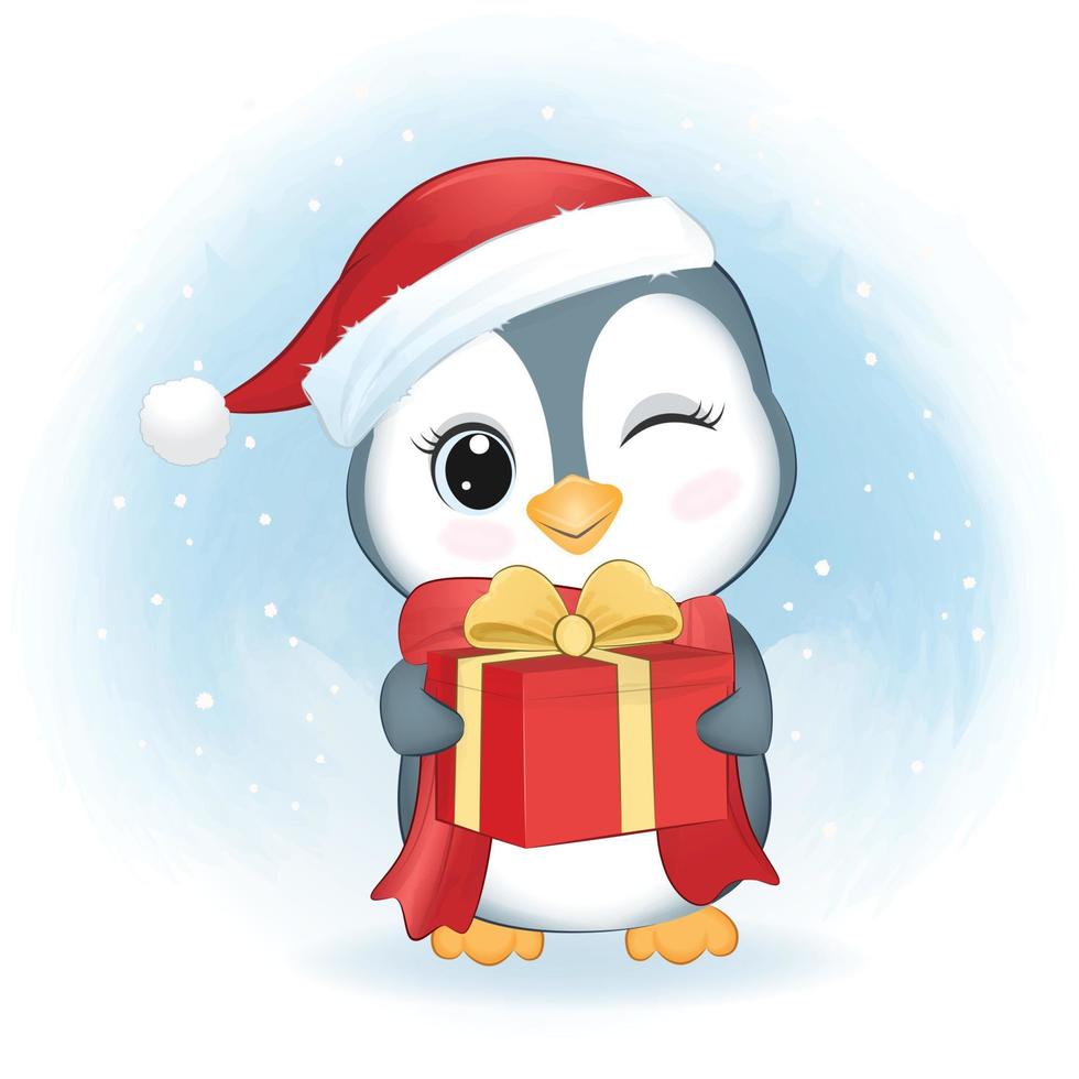 lindo pingüino y caja de regalo. ilustración de la temporada de navidad vector