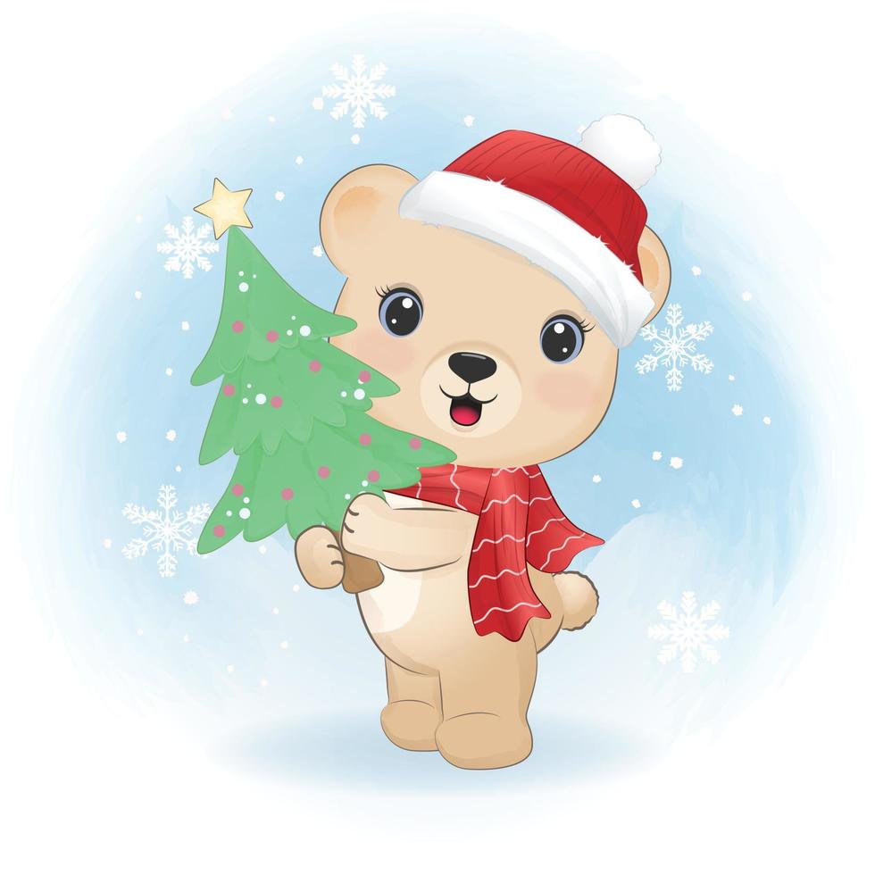 Cute Bear and Christmas tree. Christmas season illustration. vector