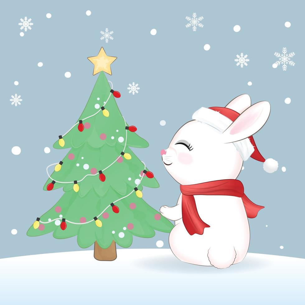 lindo conejito y árbol de navidad. fondo de ilustración de temporada de navidad vector