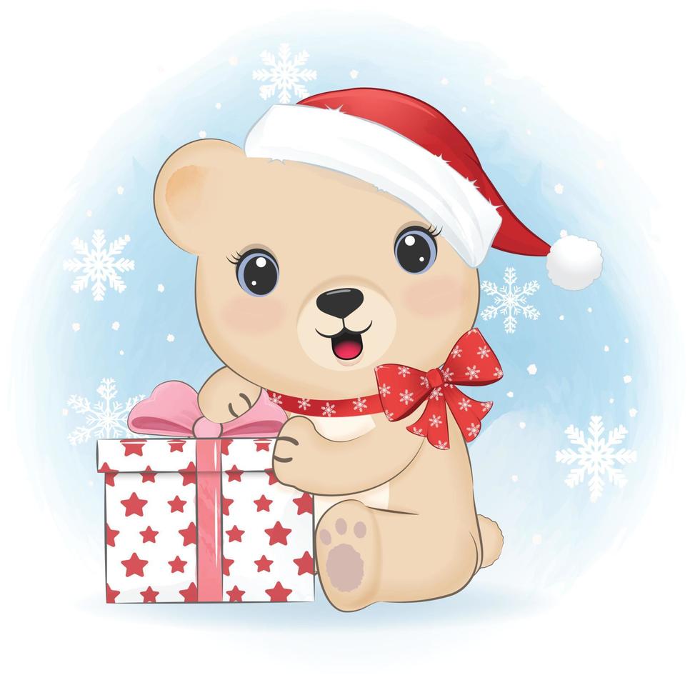 lindo oso y caja de regalo ilustración de temporada de navidad. vector