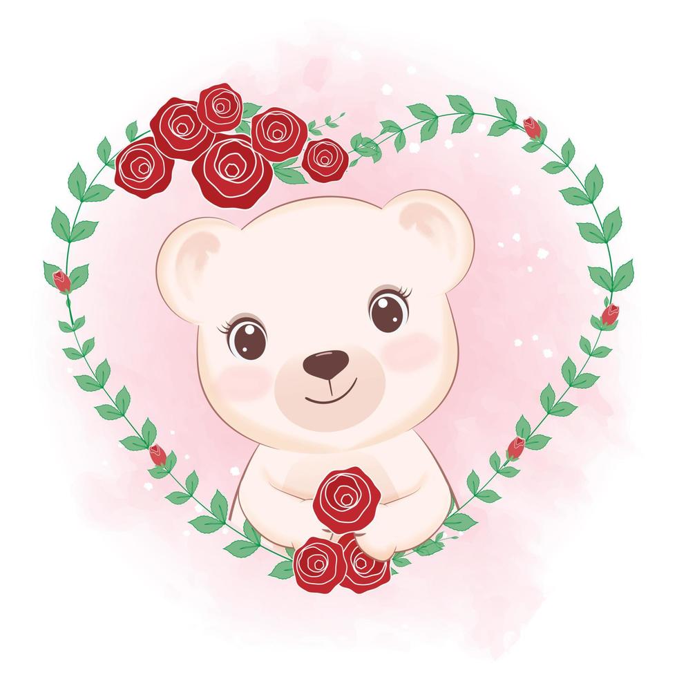 Cute Little Bear in flower frame Valentine's day concept illustration vector