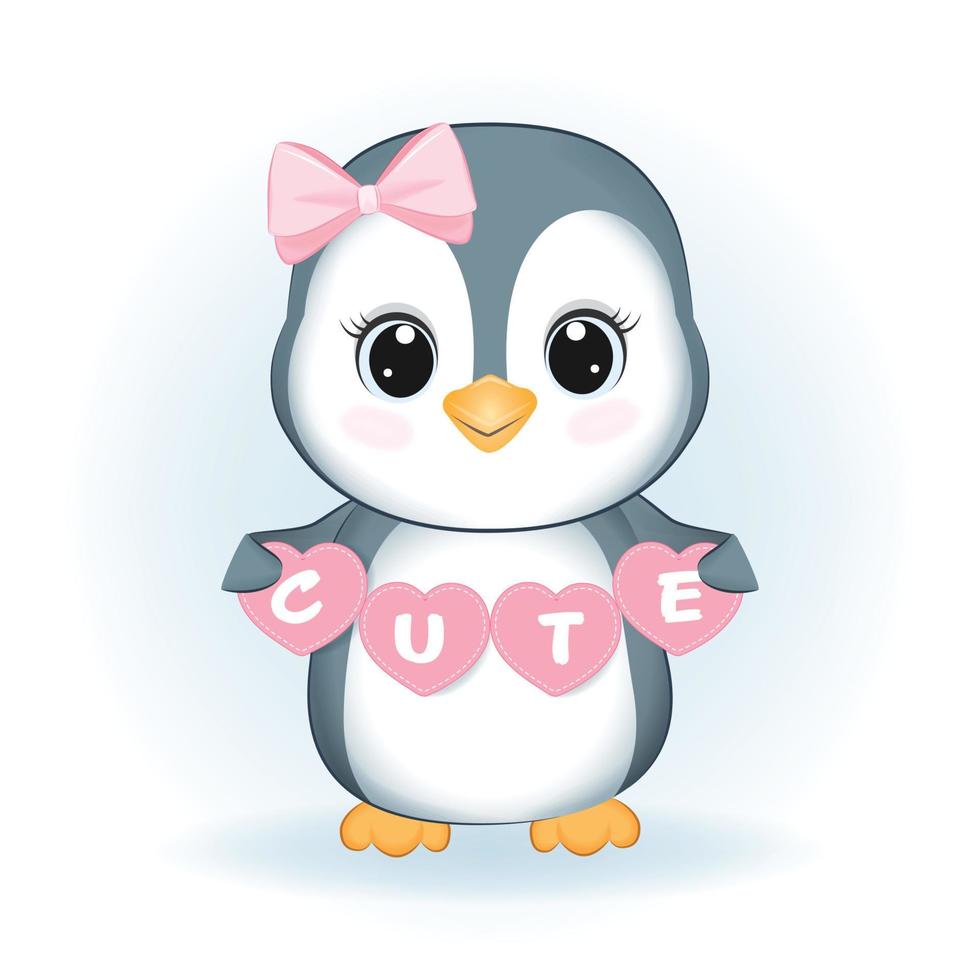 lindo pequeño pingüino y corazón animal ilustración de dibujos animados vector